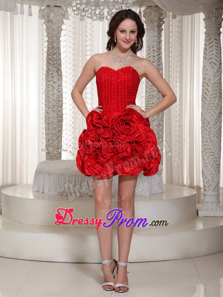 Mini-length Red Sweetheart Prom Dress With Hand Made Flowers