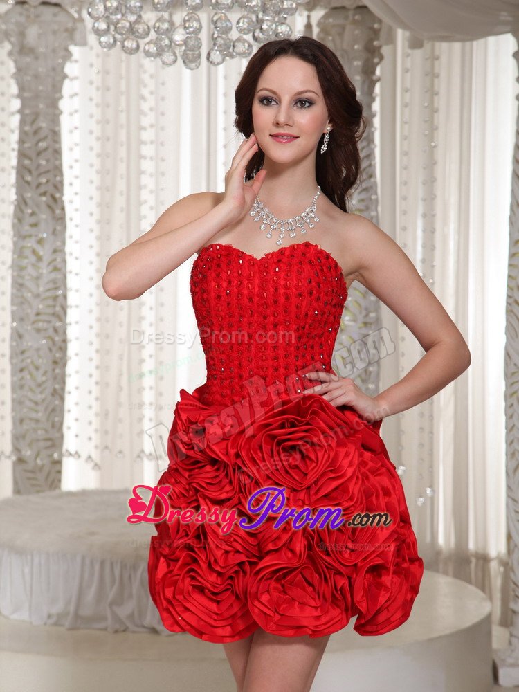 Mini-length Red Sweetheart Prom Dress With Hand Made Flowers