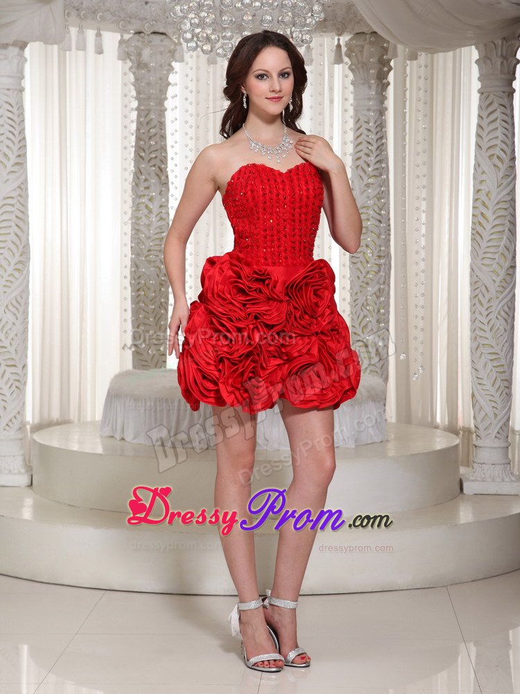 Mini-length Red Sweetheart Prom Dress With Hand Made Flowers