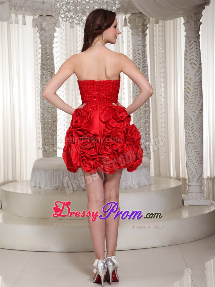 Mini-length Red Sweetheart Prom Dress With Hand Made Flowers