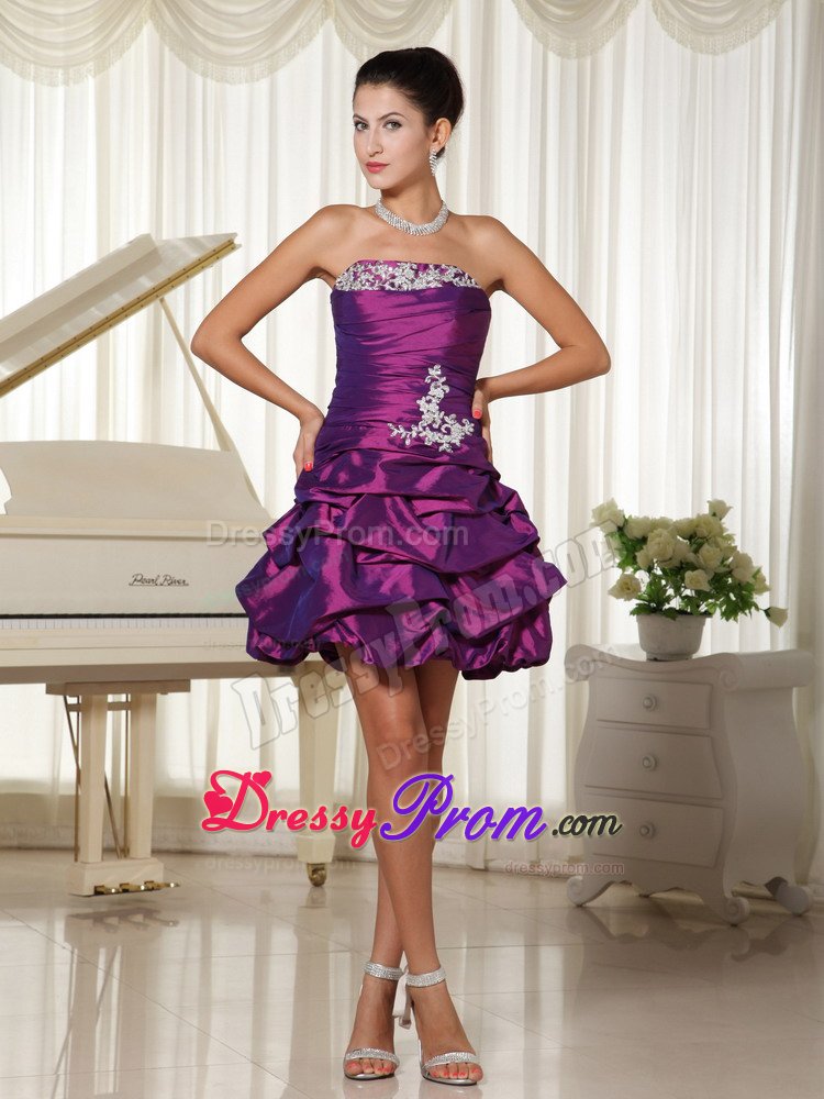 Eggplant Purple Ruched Prom Dress With Appliques and Pick-ups