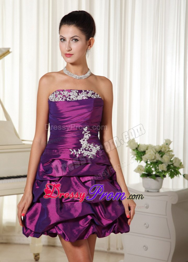 Eggplant Purple Ruched Prom Dress With Appliques and Pick-ups