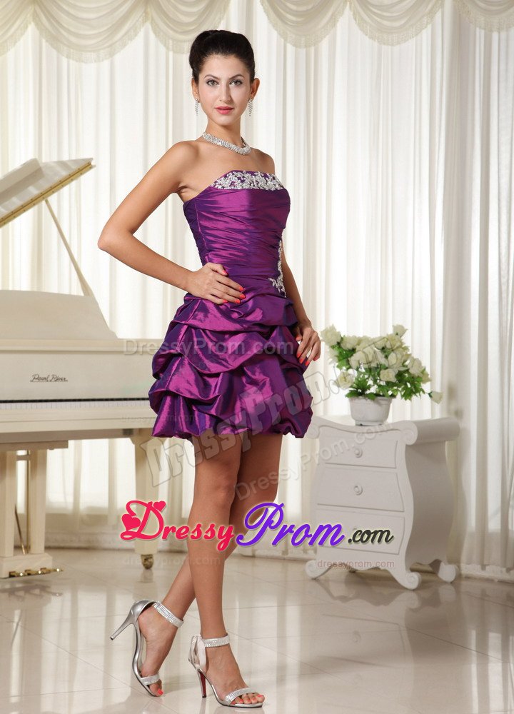 Eggplant Purple Ruched Prom Dress With Appliques and Pick-ups