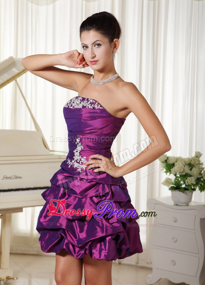 Eggplant Purple Ruched Prom Dress With Appliques and Pick-ups
