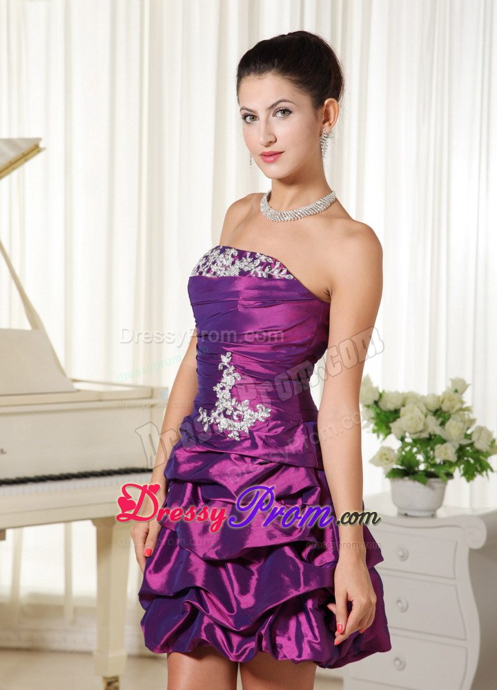 Eggplant Purple Ruched Prom Dress With Appliques and Pick-ups