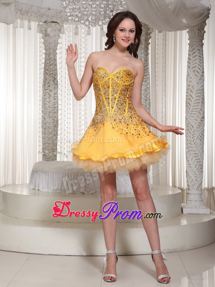 Mini-length Gold Sweetheart Beaded Prom Dress with Layers 2013