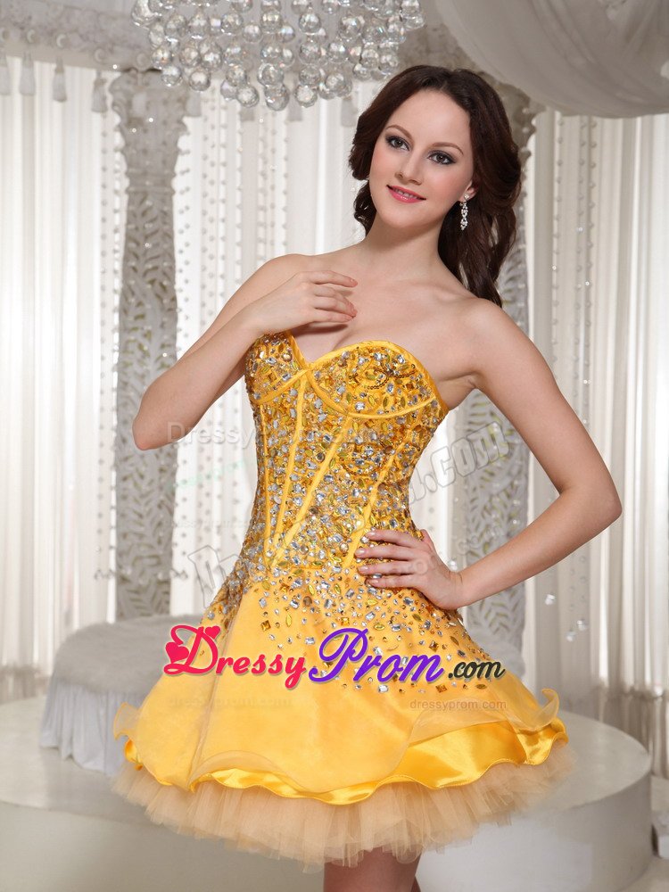 Mini-length Gold Sweetheart Beaded Prom Dress with Layers 2013