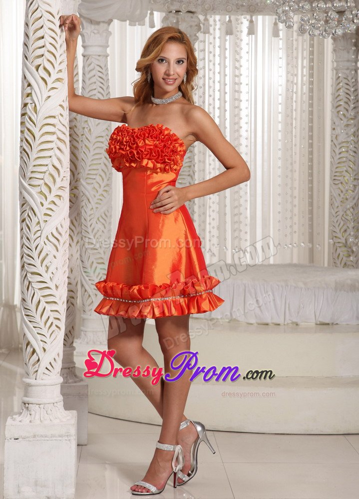 Orange Red Taffeta A-line Prom Dress With Hand Made Flowers