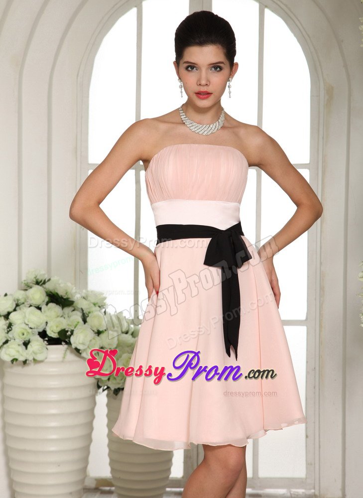 Knee-length Baby Pink Black Sash Prom Dress for Cheap in USA
