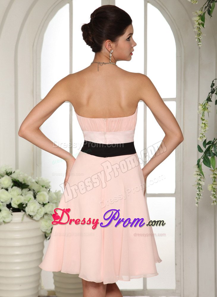 Knee-length Baby Pink Black Sash Prom Dress for Cheap in USA