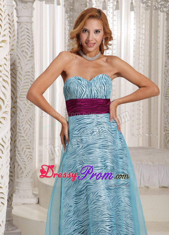 Aqua Blue Organza Zebra Sweetheart Prom Dress With Waistband