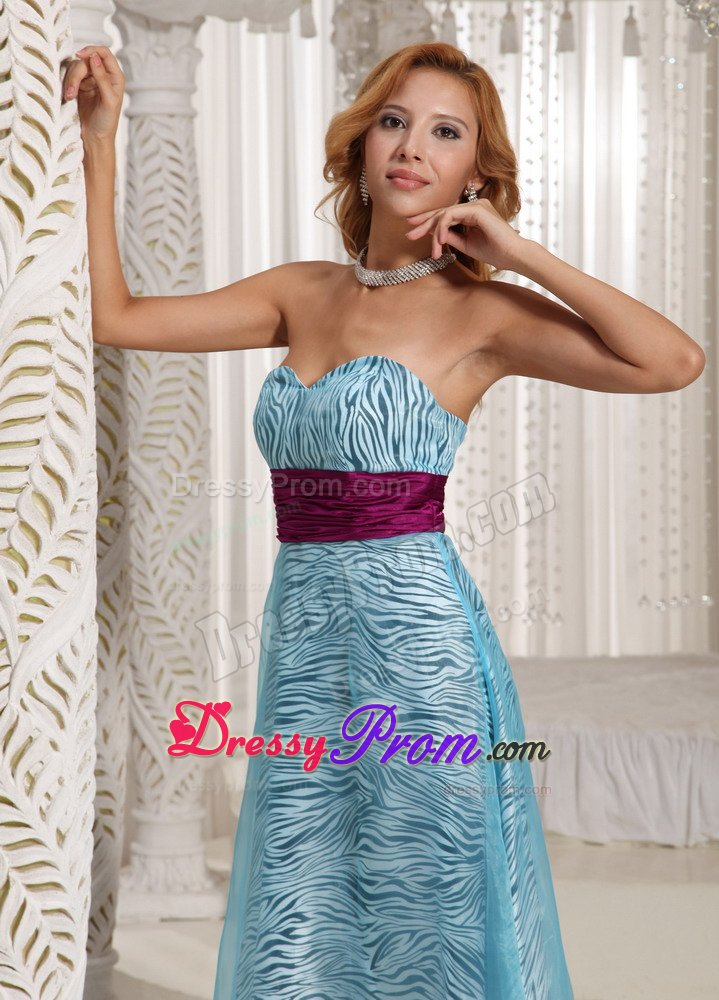 Aqua Blue Organza Zebra Sweetheart Prom Dress With Waistband