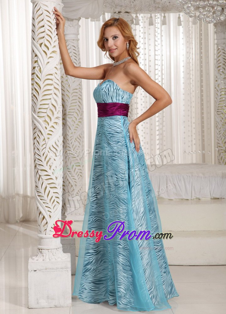 Aqua Blue Organza Zebra Sweetheart Prom Dress With Waistband