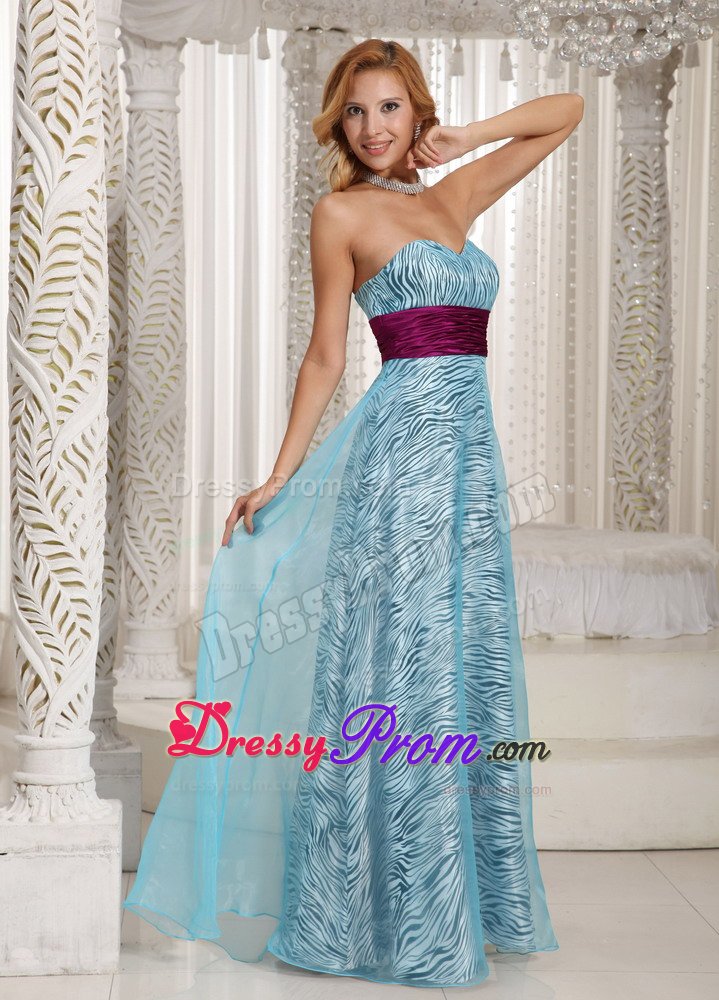 Aqua Blue Organza Zebra Sweetheart Prom Dress With Waistband