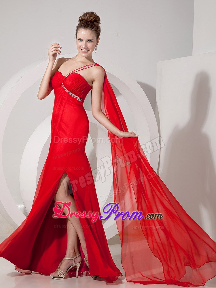 Watteau Train Red Chiffon Beaded Prom Dress with One Shoulder