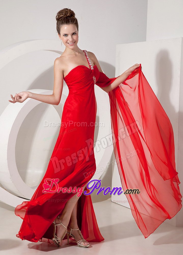 Watteau Train Red Chiffon Beaded Prom Dress with One Shoulder