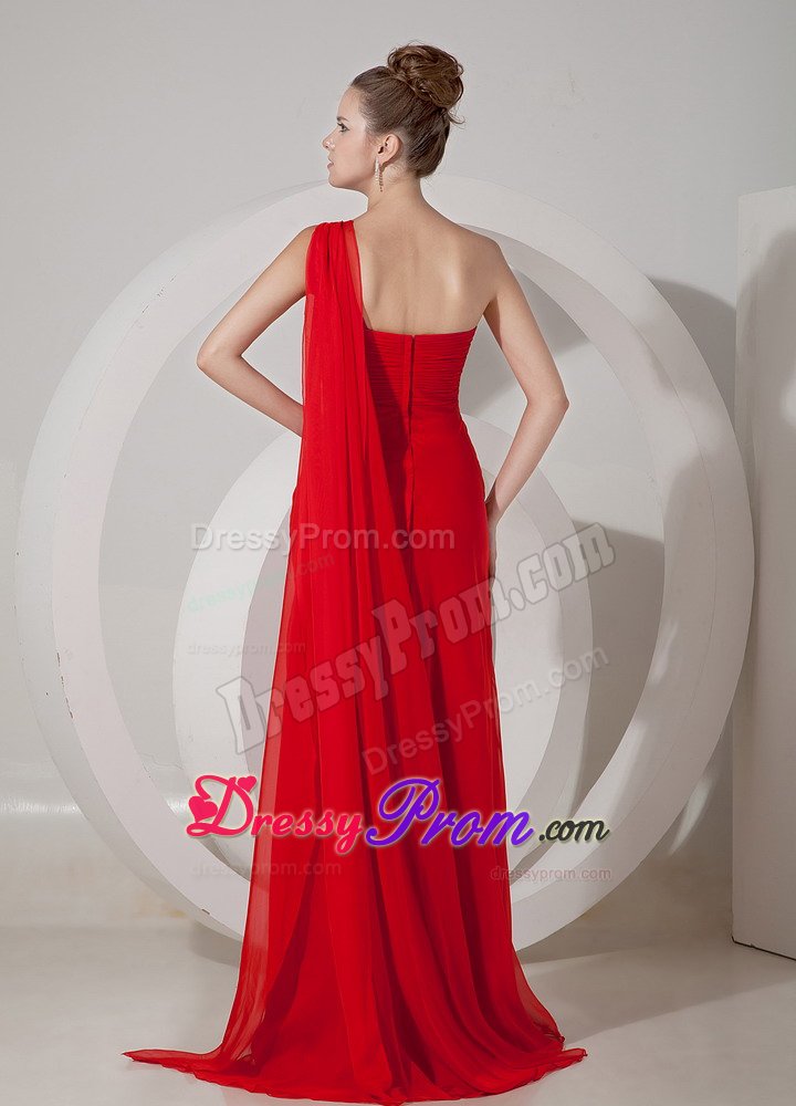 Watteau Train Red Chiffon Beaded Prom Dress with One Shoulder
