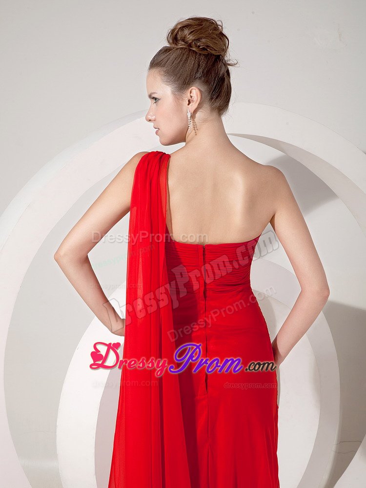 Watteau Train Red Chiffon Beaded Prom Dress with One Shoulder