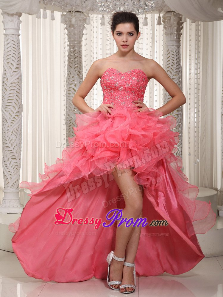 Watermelon Sweetheart High-low Beading Prom Dress with Ruffles