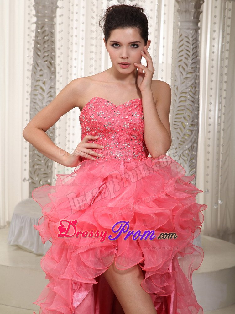 Watermelon Sweetheart High-low Beading Prom Dress with Ruffles