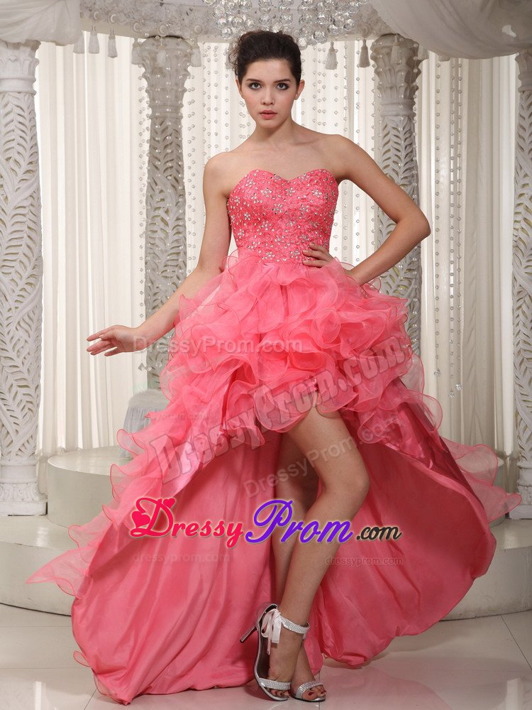 Watermelon Sweetheart High-low Beading Prom Dress with Ruffles