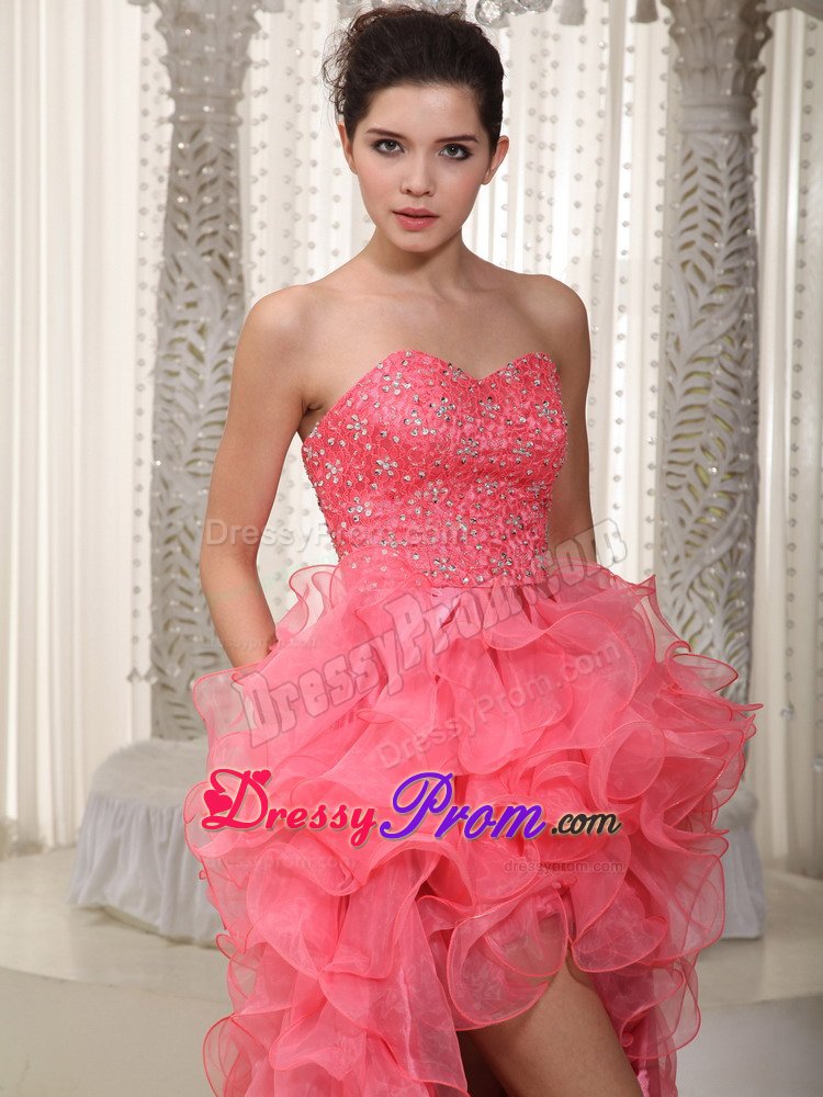 Watermelon Sweetheart High-low Beading Prom Dress with Ruffles