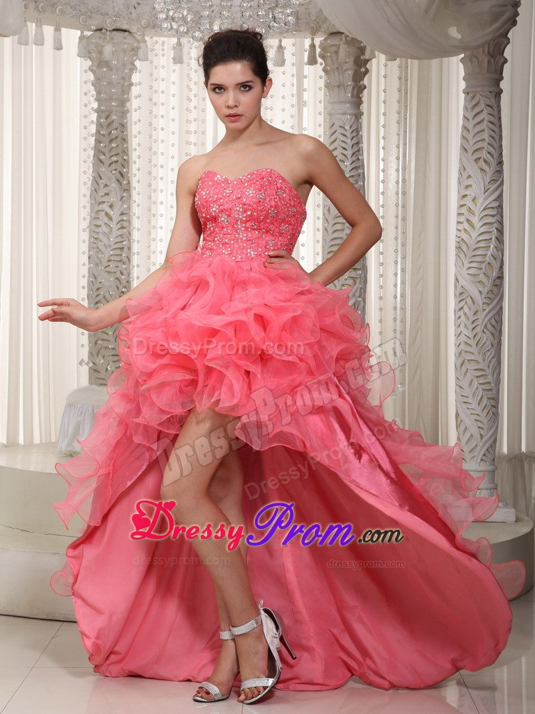 Watermelon Sweetheart High-low Beading Prom Dress with Ruffles