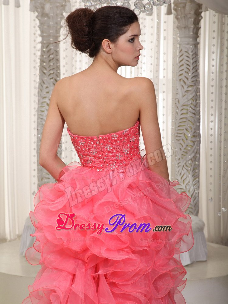 Watermelon Sweetheart High-low Beading Prom Dress with Ruffles