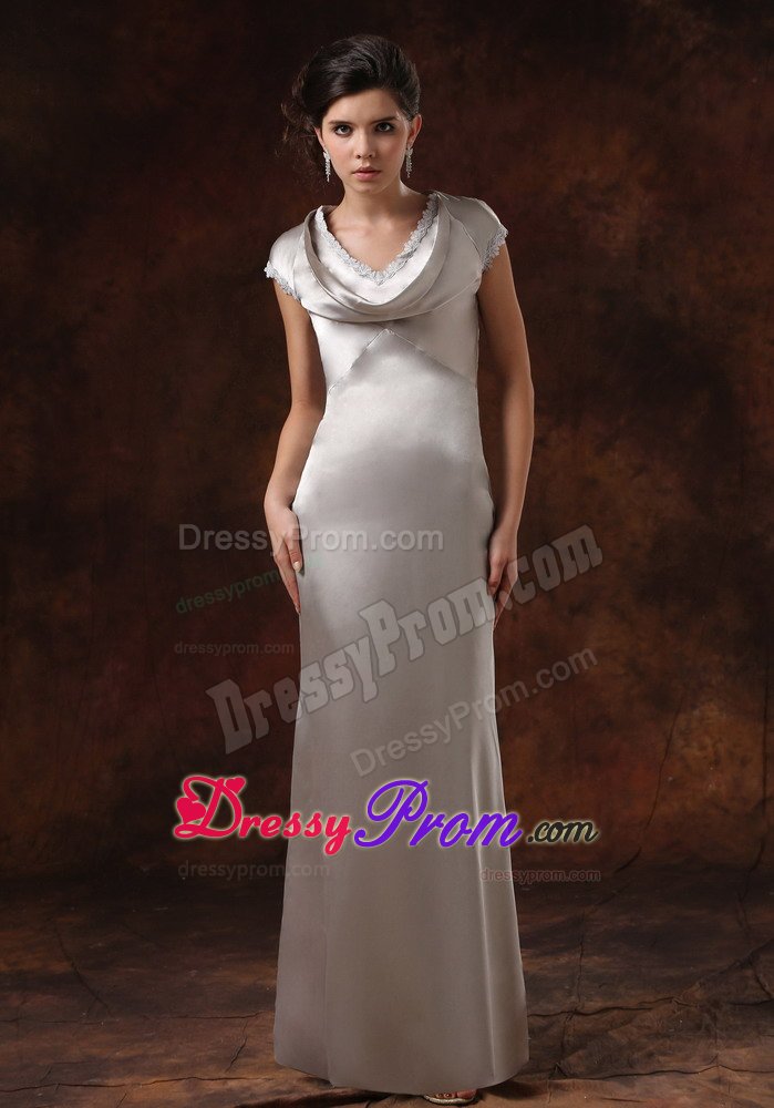 V-neck Satin Sliver Drapped Prom Gown Dress With Short Sleeves