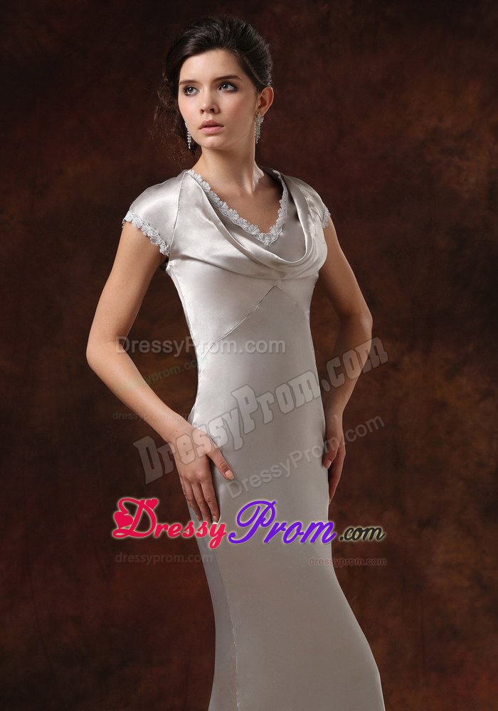 V-neck Satin Sliver Drapped Prom Gown Dress With Short Sleeves