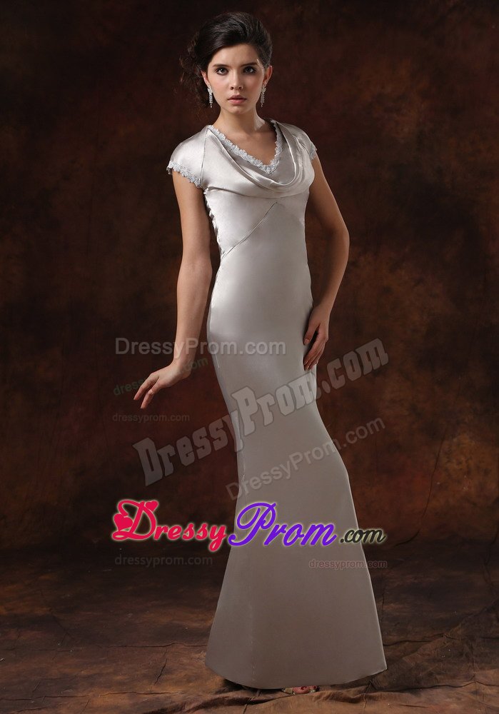 V-neck Satin Sliver Drapped Prom Gown Dress With Short Sleeves