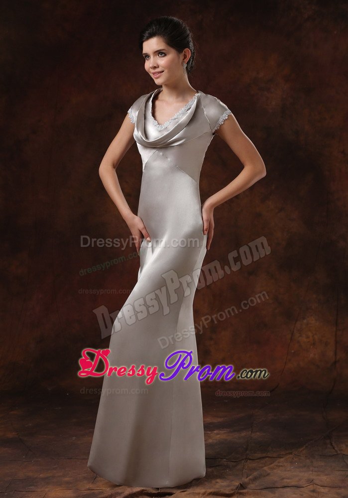 V-neck Satin Sliver Drapped Prom Gown Dress With Short Sleeves