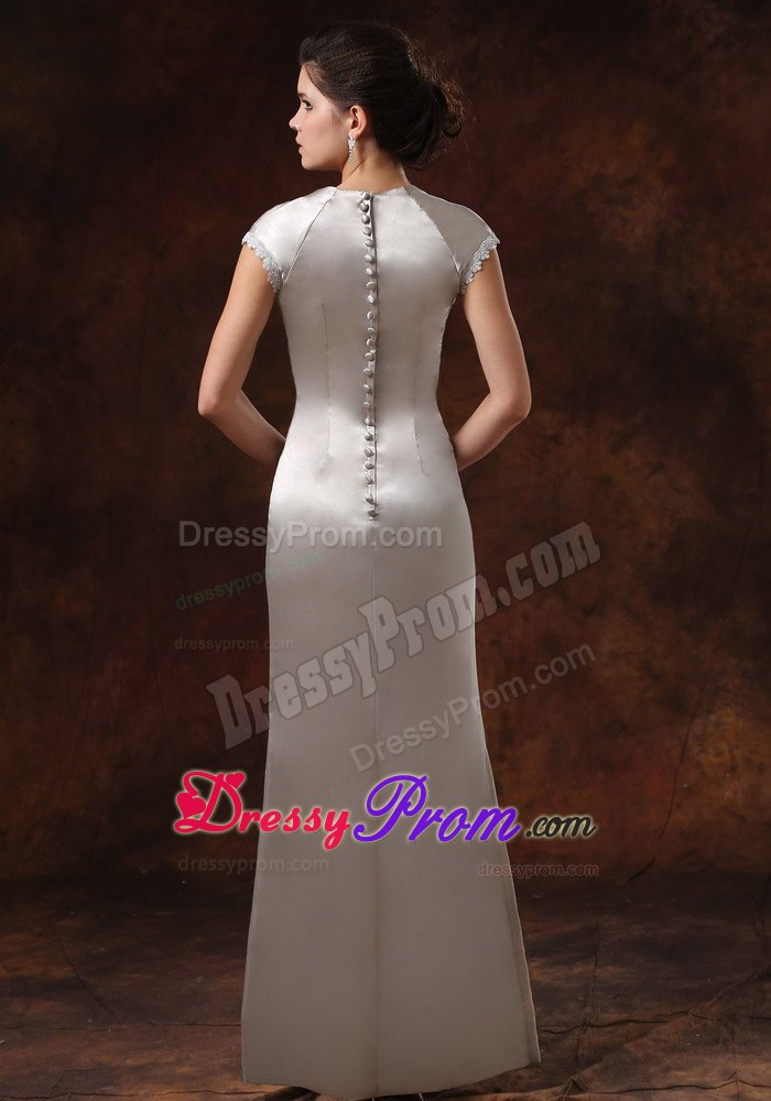 V-neck Satin Sliver Drapped Prom Gown Dress With Short Sleeves