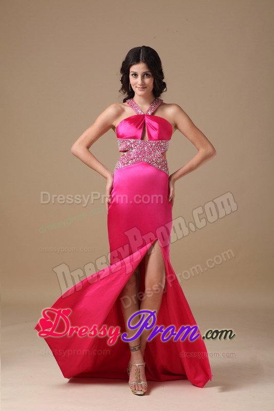 Taffeta Coral Red V-neck Brush High Slit Prom Dress Beaded