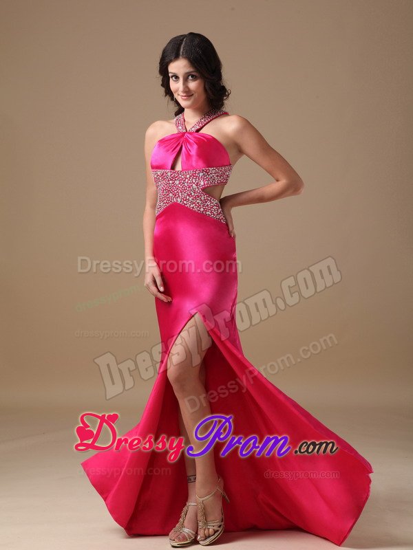 Taffeta Coral Red V-neck Brush High Slit Prom Dress Beaded