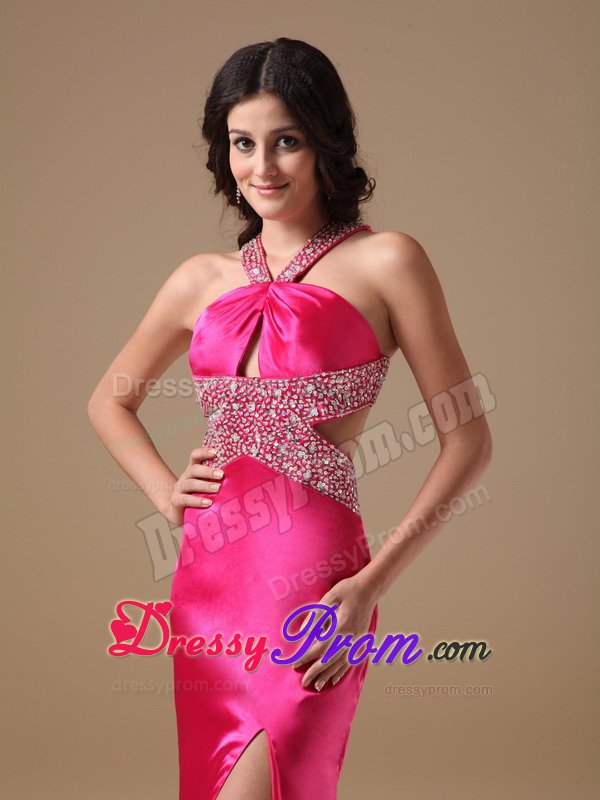 Taffeta Coral Red V-neck Brush High Slit Prom Dress Beaded