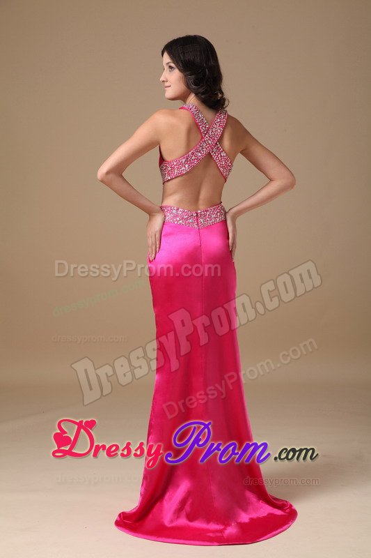 Taffeta Coral Red V-neck Brush High Slit Prom Dress Beaded