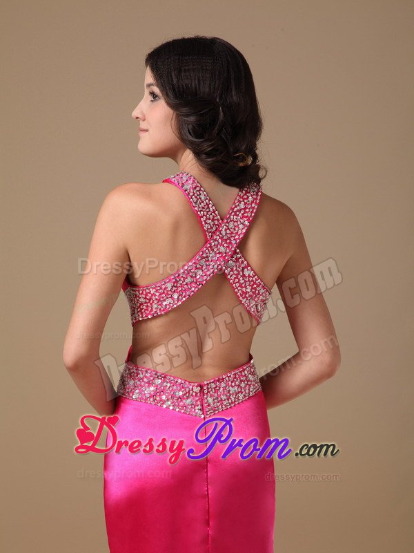 Taffeta Coral Red V-neck Brush High Slit Prom Dress Beaded