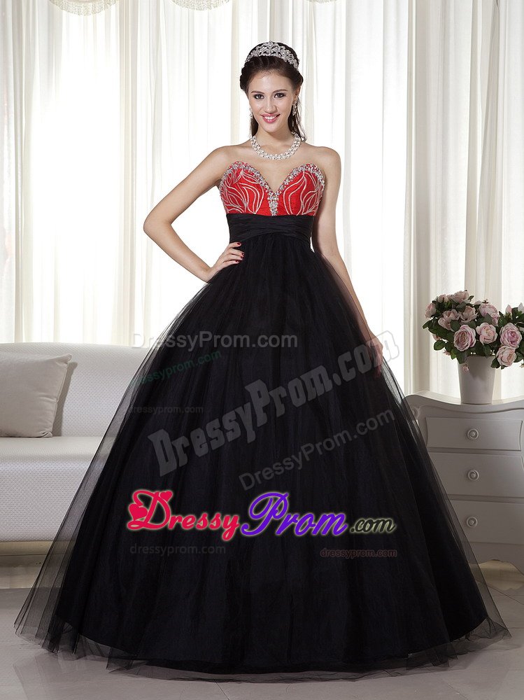 Black and Red Sweetheart Tulle Beaded Prom Dress for Cheap