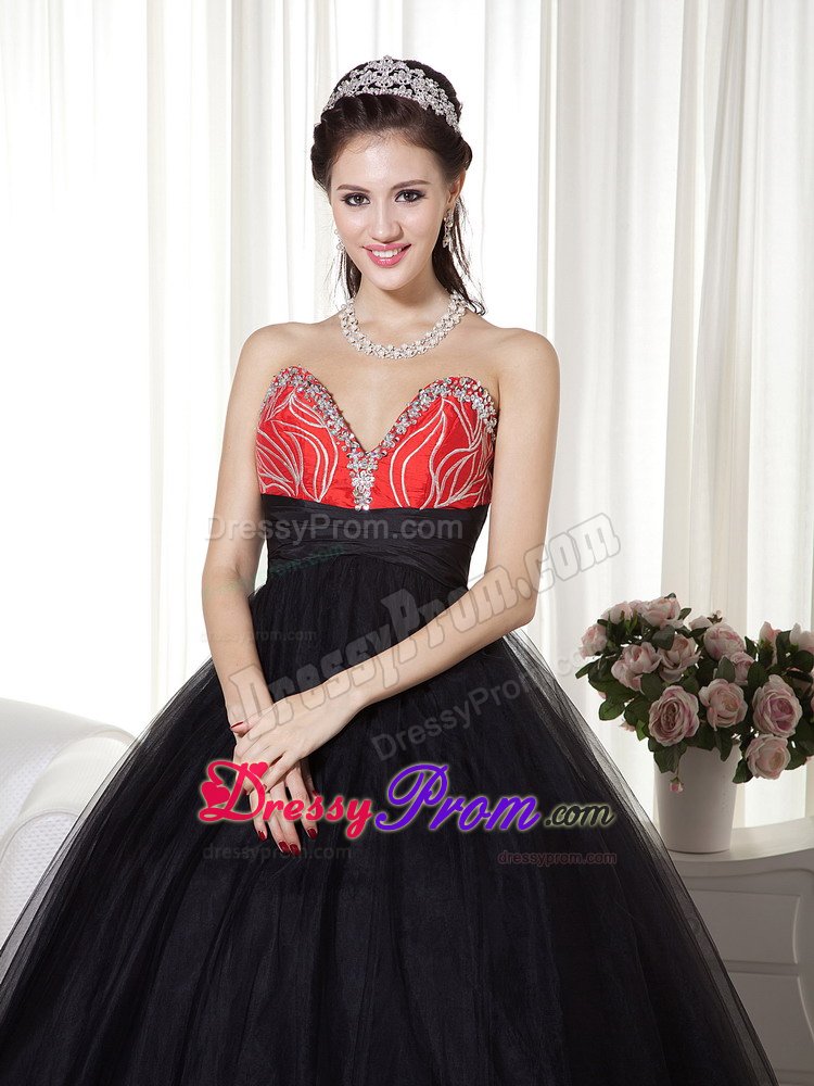 Black and Red Sweetheart Tulle Beaded Prom Dress for Cheap