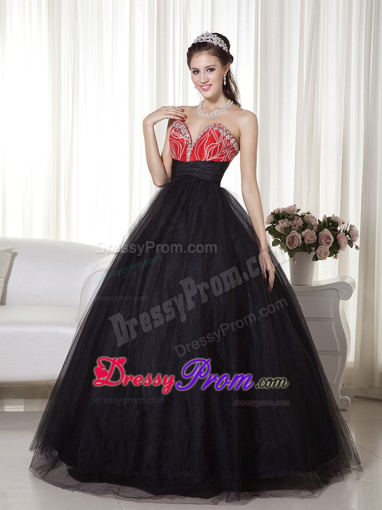 Black and Red Sweetheart Tulle Beaded Prom Dress for Cheap