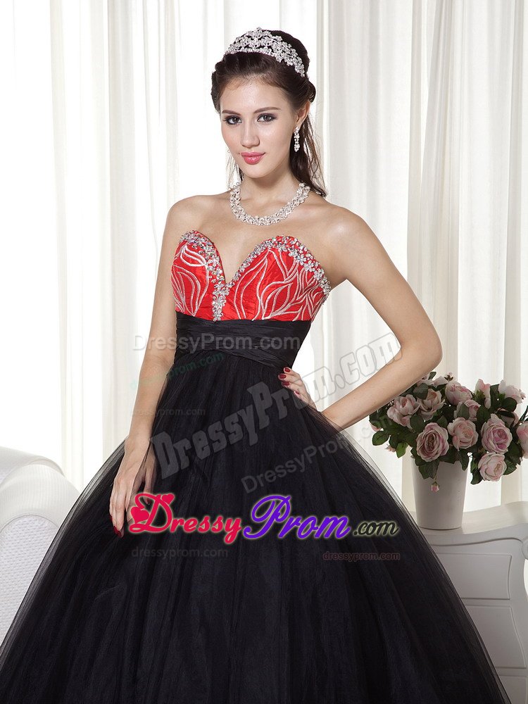 Black and Red Sweetheart Tulle Beaded Prom Dress for Cheap