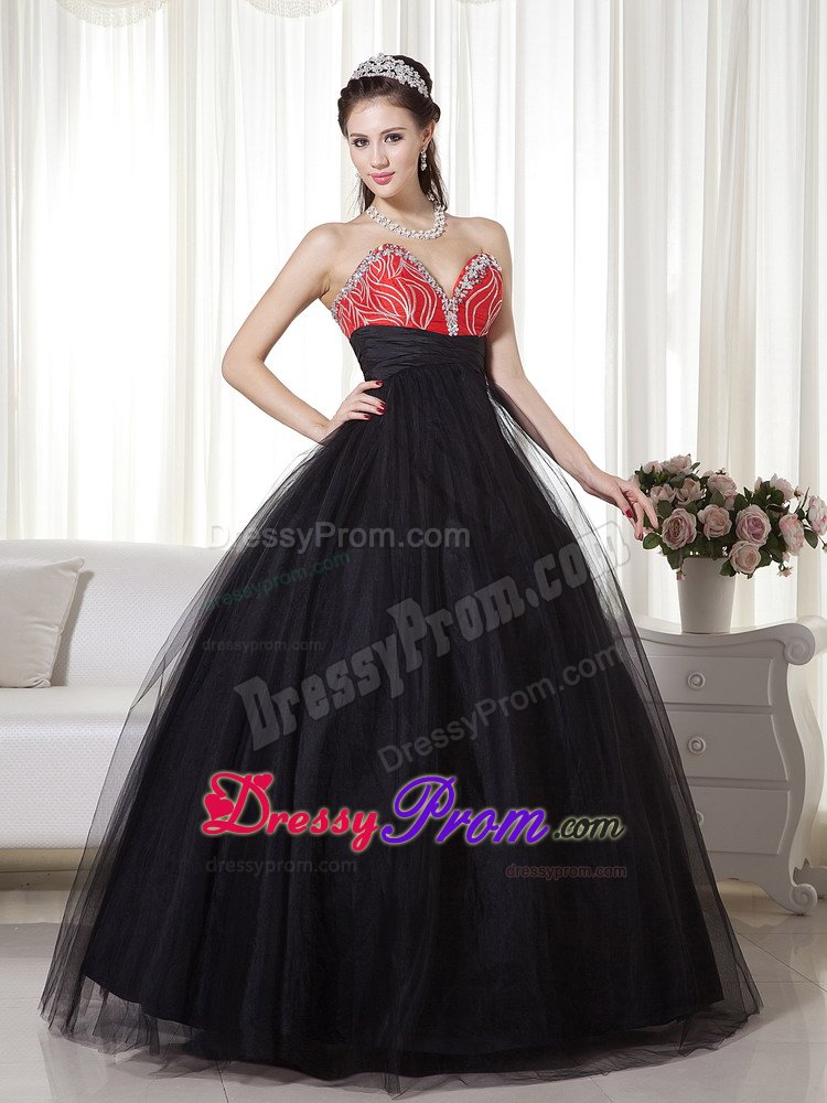 Black and Red Sweetheart Tulle Beaded Prom Dress for Cheap