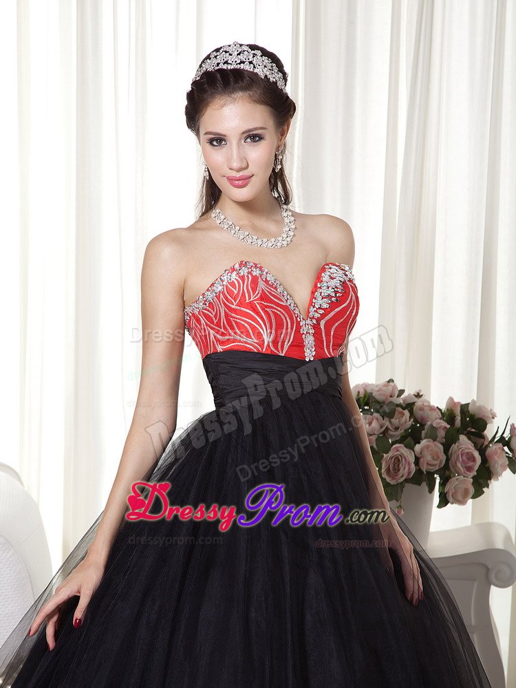 Black and Red Sweetheart Tulle Beaded Prom Dress for Cheap