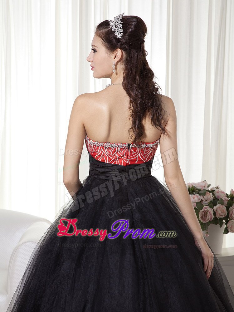 Black and Red Sweetheart Tulle Beaded Prom Dress for Cheap