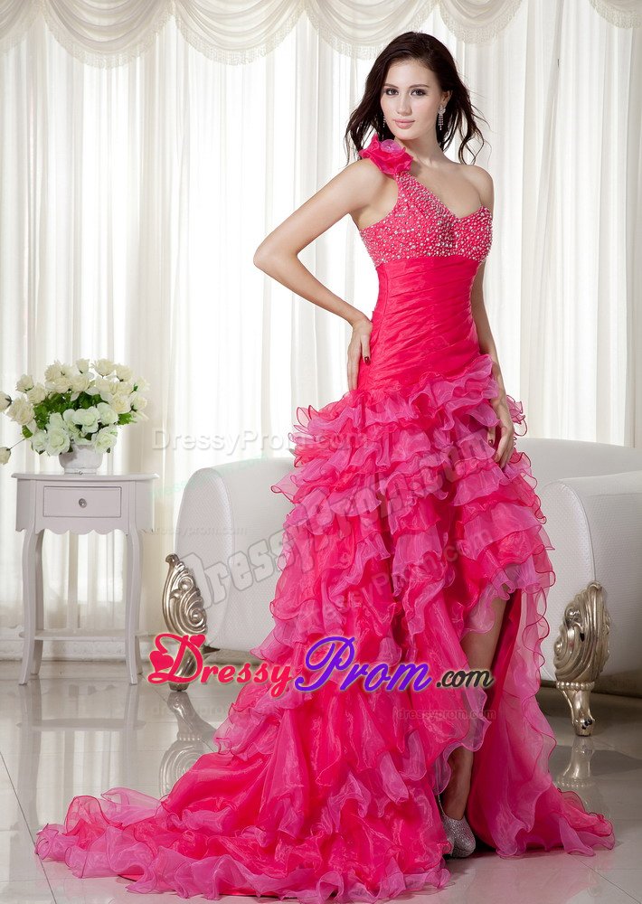 Organza Hot Pink High-low One Shoulder Bead Prom Gown Ruffled
