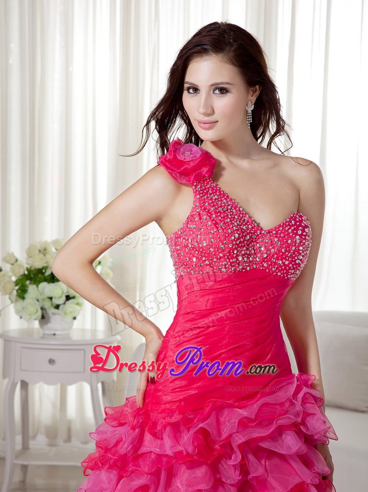 Organza Hot Pink High-low One Shoulder Bead Prom Gown Ruffled