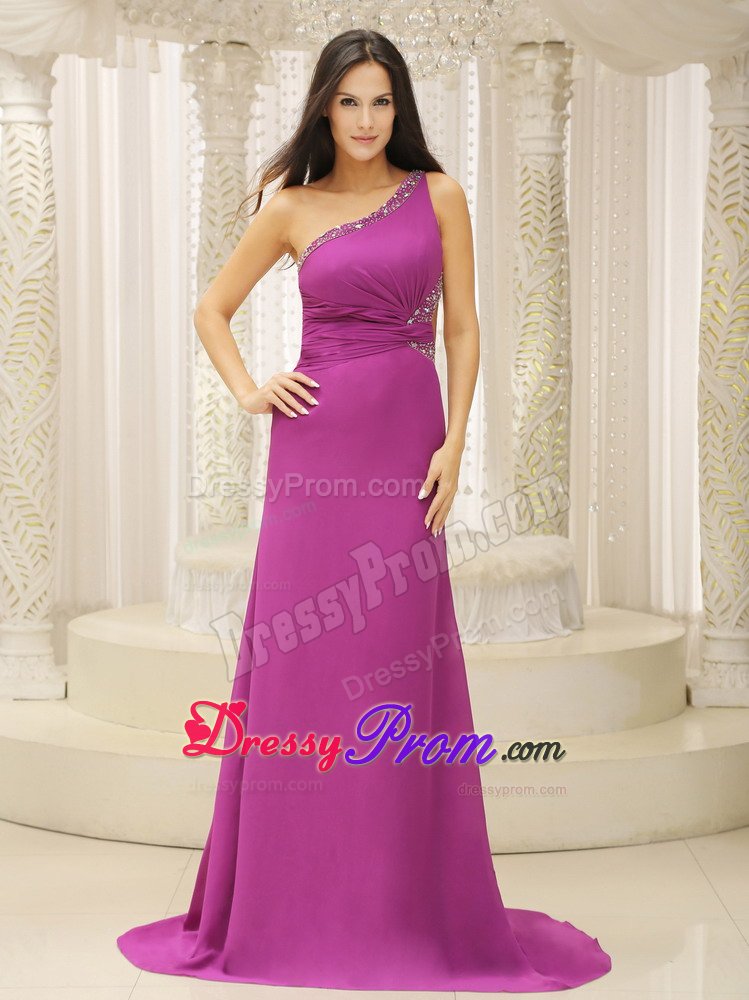 One Shoulder Fuchsia Brush Chiffon Prom Dress with Beadings