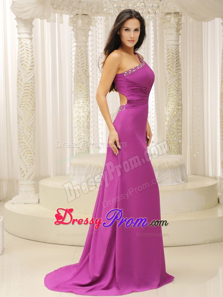 One Shoulder Fuchsia Brush Chiffon Prom Dress with Beadings