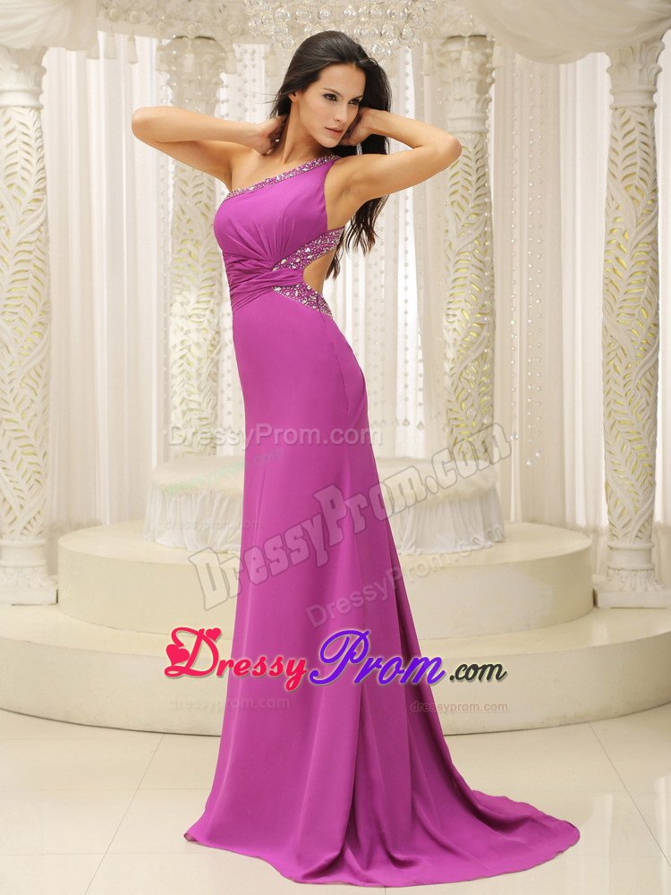 One Shoulder Fuchsia Brush Chiffon Prom Dress with Beadings